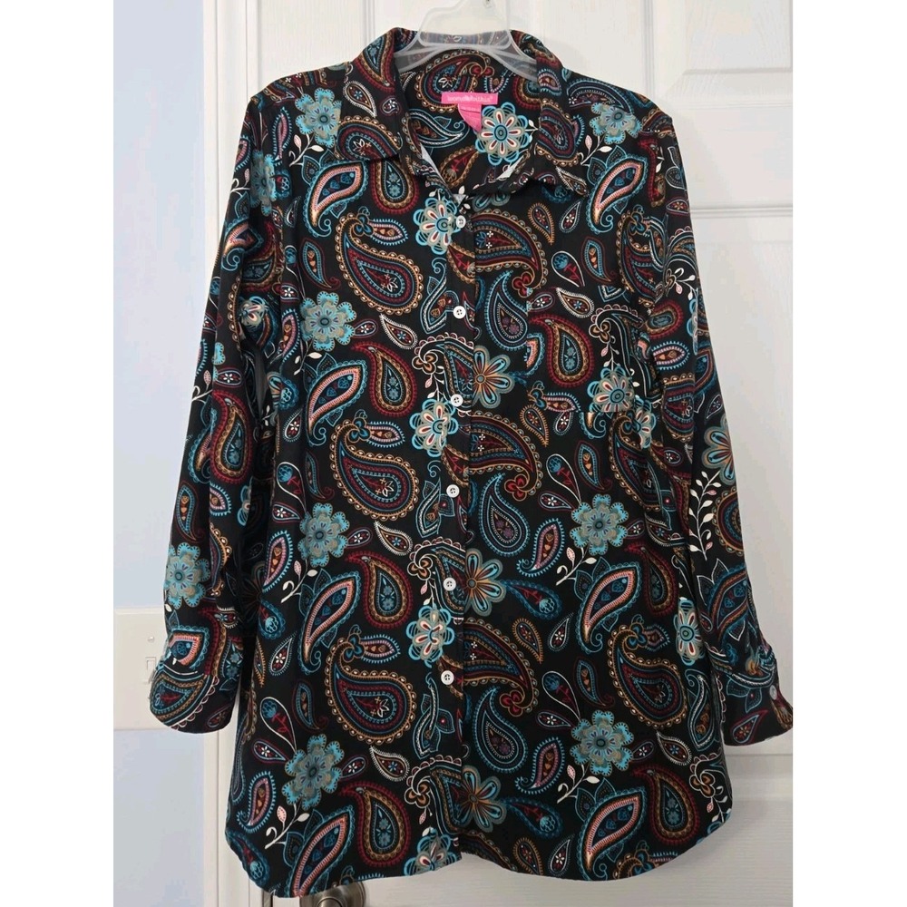 Woman Within Women's Large Paisley Long Sleeve Button Front Blouse Artsy Top
